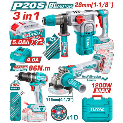 Комплект акумулаторни инструменти TOTAL Industrial  TOSLI251195E, 20 V, 2 x 5 Ah 