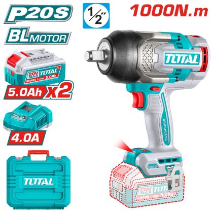 Акумулаторен ударен безчетков гайковерт TOTAL INDUSTRIAL, 1/2", 20 V, 1000 Nm, 2 x 5.0 Ah