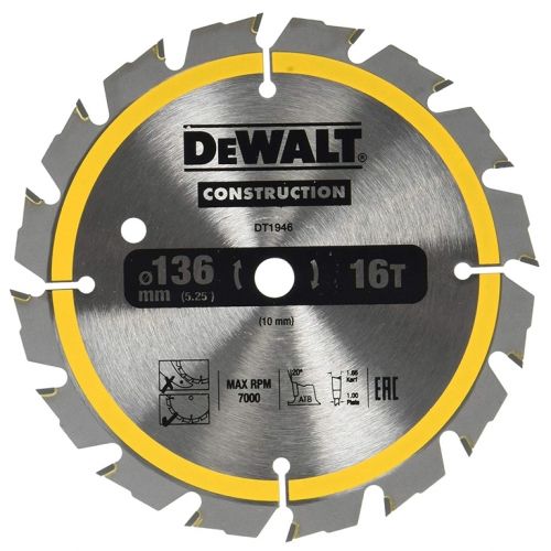 Циркулярен диск DeWALT метален HM за рязане на дърво 136x10x1.5 мм, 16 z DT1946
