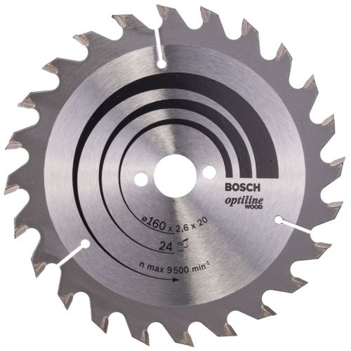 Циркулярен диск Bosch метален HM за рязане на дърво  160x20x2.6 мм, 24 z, Optiline Wood