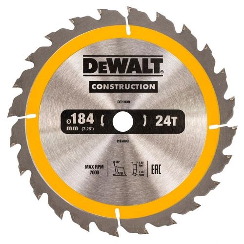 Циркулярен диск DeWALT DT1939 метален HM за рязане на дърво 184x16x1.8 мм, 24 z
