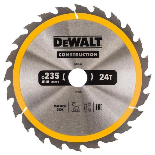 Циркулярен диск DeWALT DT1954 метален HM за рязане на дърво 235x30x2.6 мм, 24 z