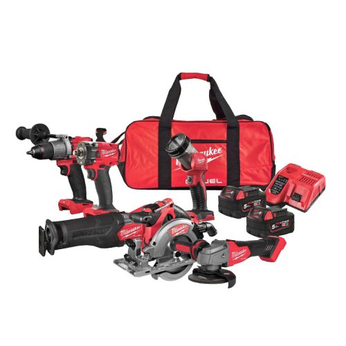 Комплект Milwaukee M18 FPP6L2-502B акумулаторни инструменти M18 FPD2, M18 FIW2F12, M18 CCS55, M18 FSZ, M18 FSAG125X, 18 V, 5 Ah