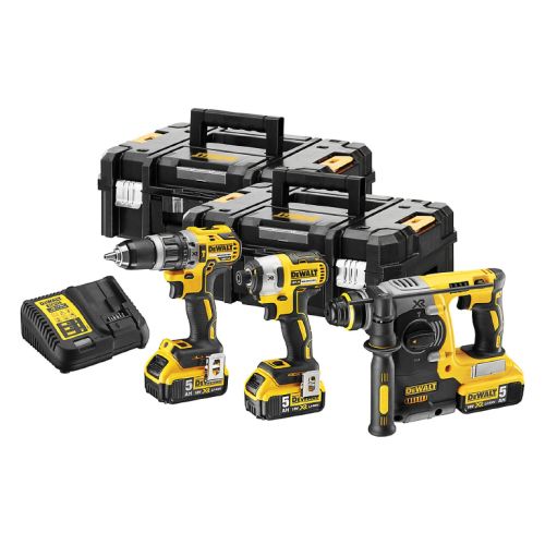 Акумулаторен комплект DeWALT DCK368P3T с батерия и зарядно, 18 V, 5 Ah x 3, DCD796+DCF887+DCH273