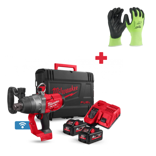 Гайковерт Milwaukee M18 ONEFHIWF1-802X акумулаторен ударен безчетков , 18 V, 8 Ah, 2400 Nm, 1" + Ръкавици Milwaukee 4932479919 