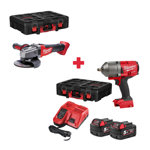 Гайковерт Milwaukee M18 FHIWF12 акумулаторен ударен безчетков 18 V, 5 Ah, 1898 Nm, 1/2" + Ъглошлайф акумулаторен Milwaukee M18 CAG125X-0X