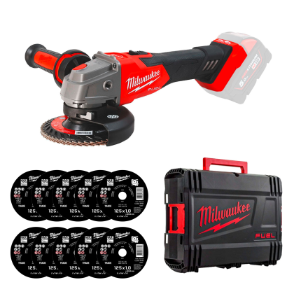 Ъглошлайф акумулаторен Milwaukee M18 FSAG125X-0X без батерия и зарядно, 18 V, 125 мм, 8500 об./мин + 10 броя диск карбофлексов MILWAUKEE 125х1.0х22.23мм