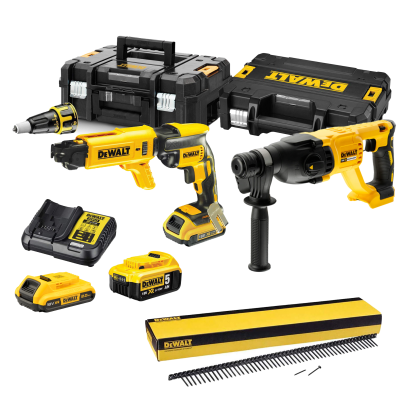 Комплект DeWALT акумулаторни инструменти 18 V, DCF620D2K, DCH133, 2x2.0 Ah, 1x5.0 Ah + 1000 бр. винтове за гипскартон DeWALT 3.5х35 мм