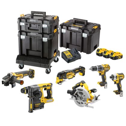 Комплект DeWALT DCK685P3T акумулаторни инструменти с 3 батерии и зарядно, DCD796, DCF887N, DCG405, DCH273, DCS570, DCS355, 18 V, 5 Ah
