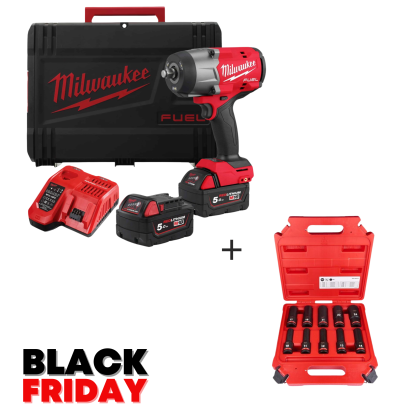 Гайковерт Milwaukee M18 FHIW2F12-502X акумулаторен ударен безчетков 18 V, 5.0 Ah, 2034 Nm, 1/2" + Подарък удължени ударни вложки Milwaukee 4932480457