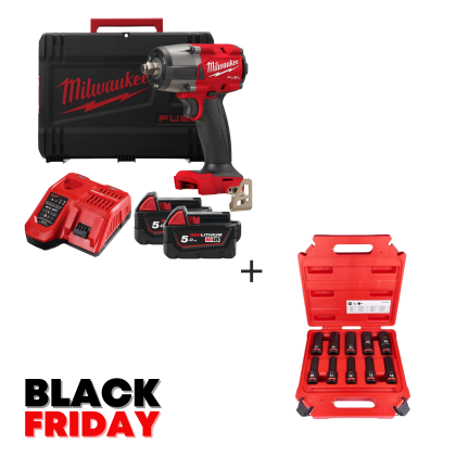 Гайковерт акумулаторен Milwaukee M18 FMTIW2F12-502X с 2 батерии и зарядно, 18 V, 5 Ah, 881 Nm,, 1/2"  + Подарък удължени ударни вложки Milwaukee 4932480457