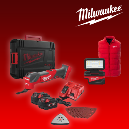 Осцилатор многофункционален Milwaukee M18 FMTMC-502X акумулаторен, 18 V, 5.0 Ah, 10-20 000 вибр./мин + Акумулаторен фенер M18 ALIS-0, 18 V, 1000 lm и Елек 
