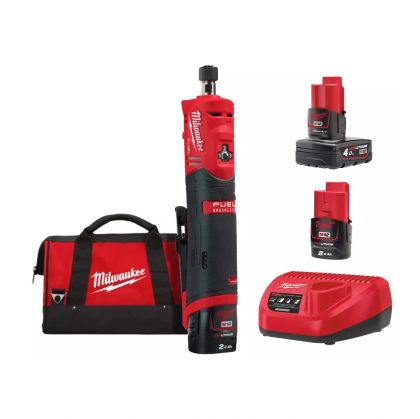 Акумулаторен прав шлайф Milwaukee M12 FDGS-422B с батерия и зарядно, 12 V, 2.0/4.0 Ah, 6-8 мм, 24 500 об/мин