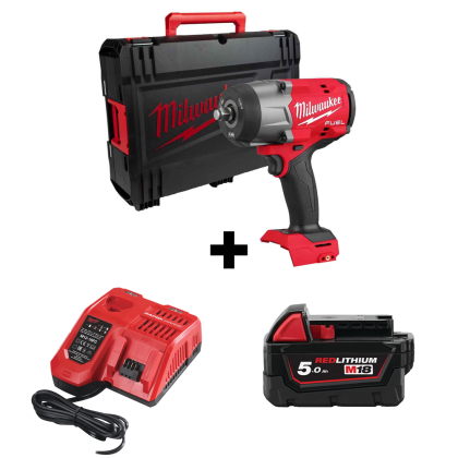 Гайковерт Milwaukee M18 FHIW2F12-0X акумулаторен ударен без батерия и зарядно, 18 V, 2034 Nm, 1/2" + Акумулаторна батерия Milwaukee M18 B5, 18 V, 5 Ah + Зарядно устройство Milwaukee M12-18 FC 12-18 V