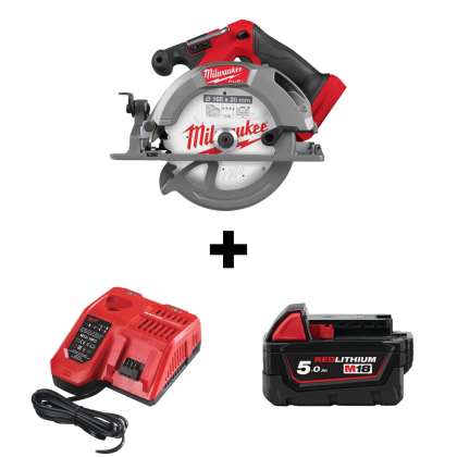 Акумулаторен циркуляр Milwaukee M18 FCS552-0 без батерия и зарядно, 18 V, ф 165 мм + Акумулаторна батерия Milwaukee M18 B5, 18 V, 5 Ah + Зарядно устройство Milwaukee M12-18 FC 12-18 V