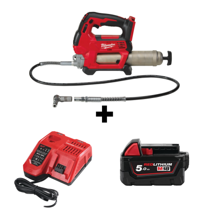 Такаламит Milwaukee M18 GG-0 акумулаторен без батерия и зарядно, 0.4 кг, 18 V, 690 bar + Акумулаторна батерия Milwaukee M18 B5, 18 V, 5 Ah + Зарядно устройство Milwaukee M12-18 FC 12-18 V