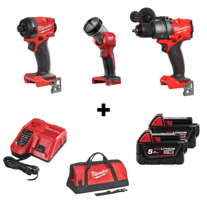Комплект Milwaukee акумулаторни инструменти 18 V, M18 FID3, M18 FPD3, M18 TLED, 2x5.0 Ah, зарядно устройство + Сак XL + Подарък акумулаторна батерия Milwaukee M18 B5, 18 V, 5 Ah