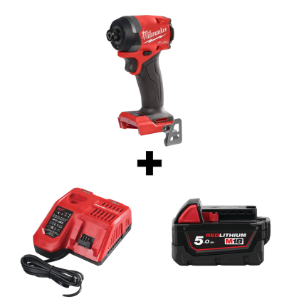 Гайковерт Milwaukee M18 FID3-0 акумулаторен ударен без батерия и зарядно, 18 V, 226 Nm, 1/4" + Акумулаторна батерия Milwaukee M18 B5, 18 V, 5 Ah + Зарядно устройство Milwaukee M12-18 FC 12-18 V