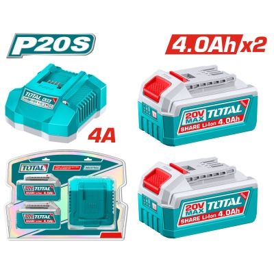 Комплект акумулаторни батерии и зарядно TOTAL Industrial TFBCPK2013E, 20 V, 4.0 Ah, 3 части