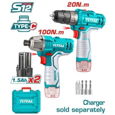 Комплект акумулаторен винтоверт и ударен винтоверт TOTAL TOSLI240586E с батерии и зарядно, 12 V, 1.5 Ah