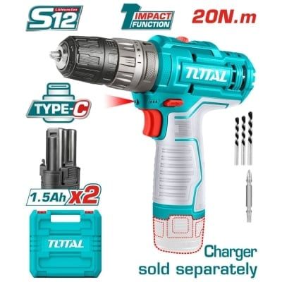 Акумулаторен ударен винтоверт TOTAL TIDLI12202E с батерии и зарядно, 12 V, 1.5 Ah, USB-C, 20 Nm
