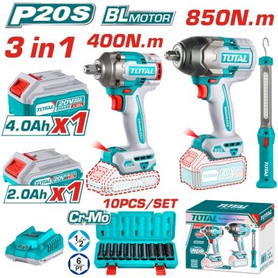 Комплект акумулаторни инструменти TOTAL Industrial TOSLI241195E с батерии и зарядно, 20 V, 2 Ah / 4 Ah