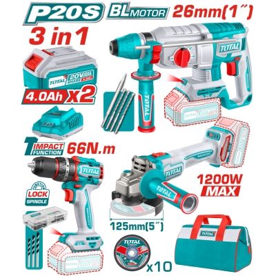 Комплект акумулаторни инструменти TOTAL TOSLI2402028 с батерии и зарядно, 20 V, 4 Ah, 3 в 1