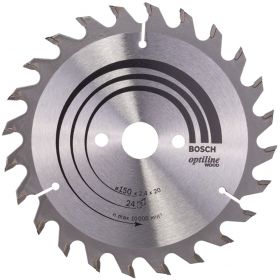 Циркулярен диск Bosch метален HM за рязане на дърво  150x20x2.4 мм, 24 z, Optiline Wood