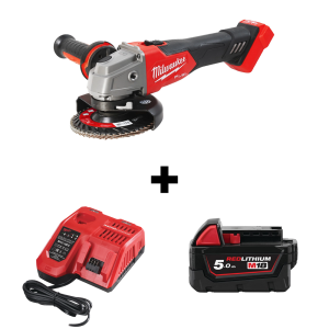 Акумулаторен ъглошлайф Milwaukee M18 FSAG125X-0 без батерия и зарядно, 18 V, 125 мм, 8500 об./мин + Акумулаторна батерия Milwaukee M18 B5, 18 V, 5 Ah + Зарядно устройство Milwaukee M12-18 FC 12-18 V