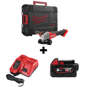 Акумулаторен ъглошлайф Milwaukee M18 FSAG125X-0 без батерия и зарядно, 18 V, 125 мм, 8500 об./мин + Акумулаторна батерия Milwaukee M18 B5, 18 V, 5 Ah + Зарядно устройство Milwaukee M12-18 FC 12-18 V