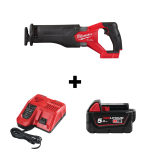 Саблен трион Milwaukee M18 FSZ-0 акумулаторен безчетков без батерия и зарядно, 18 V, 0-3000 хода/мин, 32 мм + Акумулаторна батерия Milwaukee M18 B5, 18 V, 5 Ah + Зарядно устройство Milwaukee M12-18 FC 12-18 V
