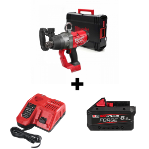 Гайковерт Milwaukee M18 ONEFHIWF1-0X акумулаторен ударен без батерия и зарядно, 18 V, 2400 Nm, 1" + Акумулаторна батерия Milwaukee M18 FB8, 18 V, 8.0 Ah + Зарядно устройство Milwaukee M12-18 FC 12-18 V + Подарък акумулаторна батерия Milwaukee M18 B5, 18 V