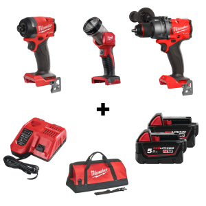 Комплект Milwaukee акумулаторни инструменти 18 V, M18 FID3, M18 FPD3, M18 TLED, 2x5.0 Ah, зарядно устройство + Сак XL + Подарък акумулаторна батерия Milwaukee M18 B5, 18 V, 5 Ah
