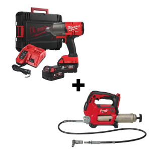 Гайковерт Milwaukee M18 ONEFHIWF34-502X акумулаторен ударен безчетков 18 V, 5 Ah, 2034 Nm, 3/4" + Такаламит Milwaukee M18 GG-0 акумулаторен без батерия и зарядно, 0.4 кг, 18 V, 690 bar + Подарък акумулаторна батерия Milwaukee M18 B5, 18 V, 5 Ah